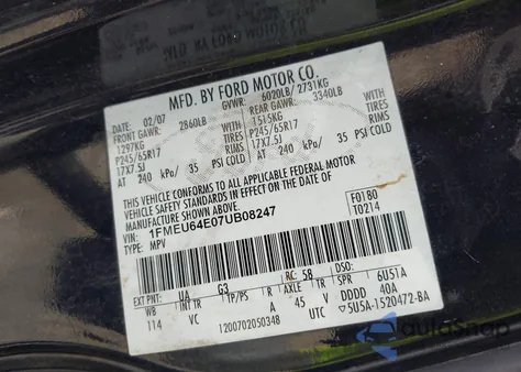 2007 Ford Explorer Eddie Bauer from USA, damaged, VIN 1FMEU64E07UB08247